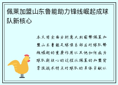 佩莱加盟山东鲁能助力锋线崛起成球队新核心