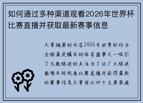 如何通过多种渠道观看2026年世界杯比赛直播并获取最新赛事信息