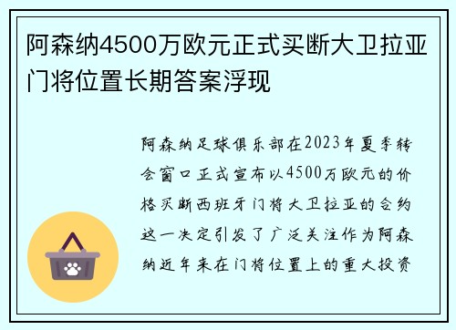 阿森纳4500万欧元正式买断大卫拉亚门将位置长期答案浮现